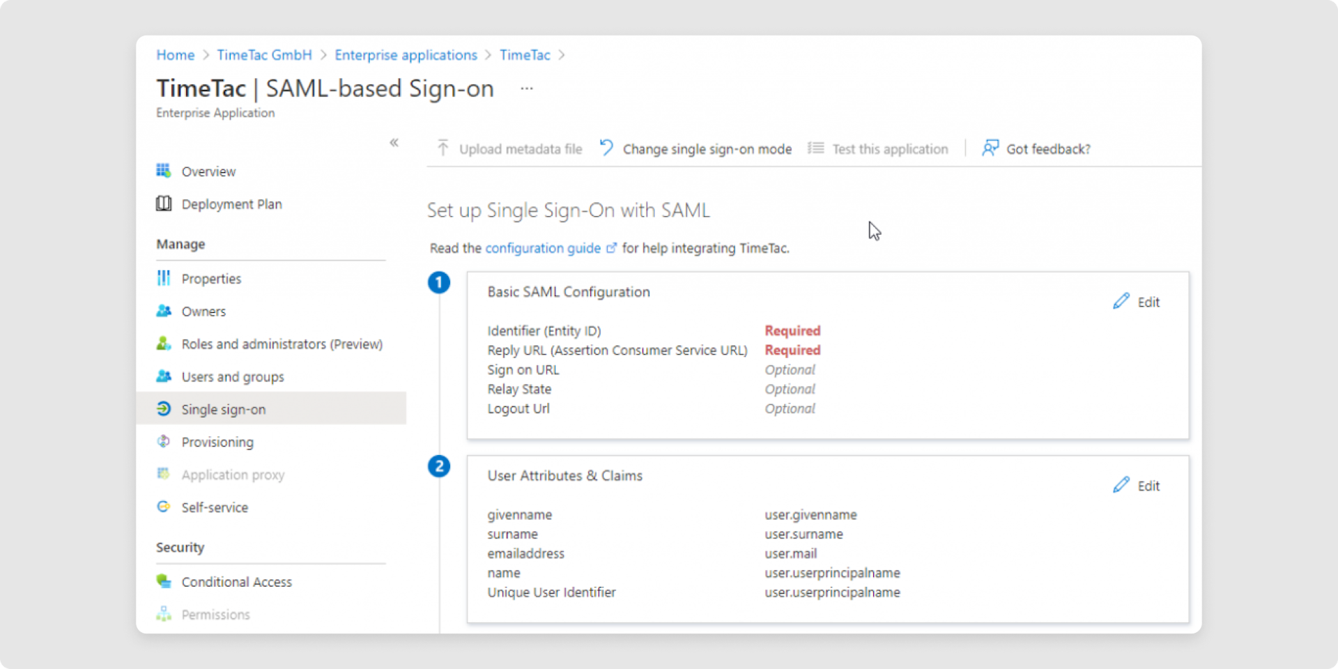 <p>In the section Basic SAML Configuration you need to define the Entity ID and the Reply URL:</p><ul><li>Set the Identifier field: The identifier field is a predefined link that points out to a part of the TimeTac system which handles SAML communication. Please use <em>https://go.timetac.com/{{accountName}}/modules/saml/consume.php.</em> The {{accountName}} is a variable and should be replaced with your TimeTac company account name.</li><li>Reply URL: Please use <em>https://go.timetac.com/{{accountName}}/modules/saml/consume.php.</em> The {{accountName}} is a variable and should be replaced with your TimeTac company account name.</li></ul>