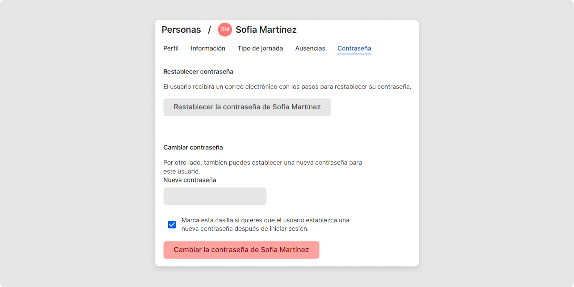 Luego, haz clic en el menú 'Contraseña' y en el botón 'Restablecer contraseña'. Verás en la mitad inferior de la pantalla la información de que se ha enviado un correo electrónico a la dirección indicada en tu perfil.