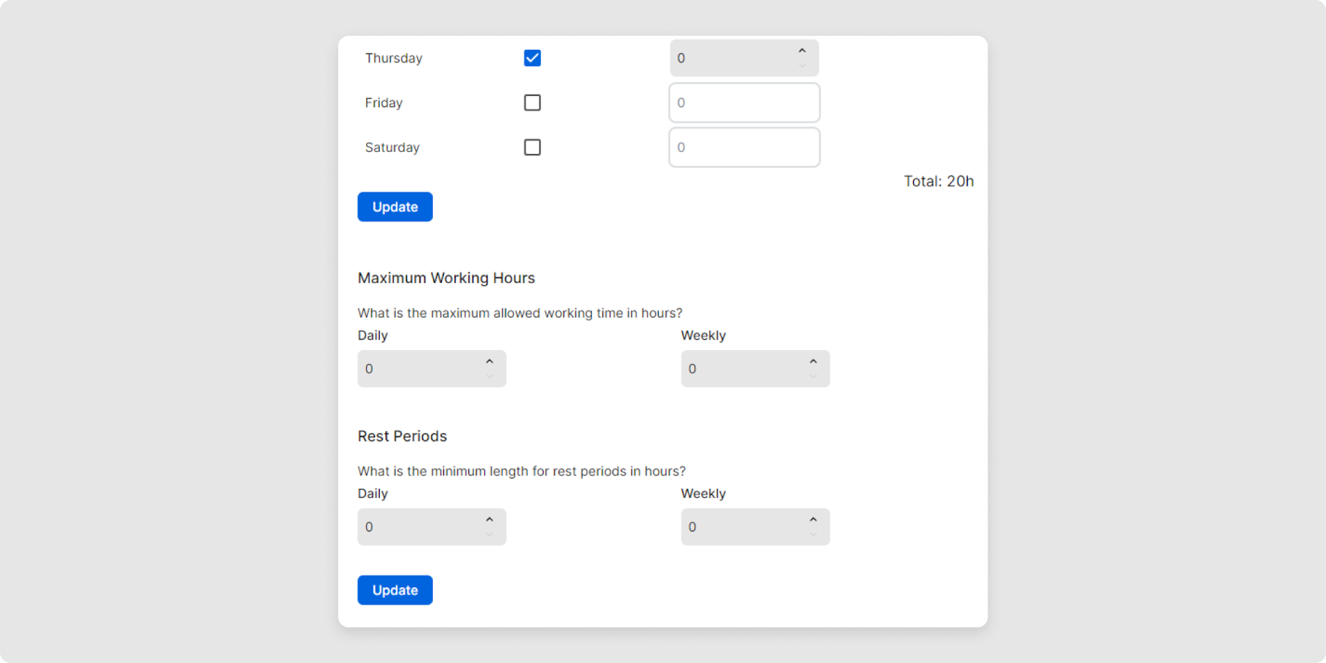 <p>Maximum working hours: You can define the permitted maximum working hours per day or week. If this limit is exceeded by users, a warning appears in the timesheet.</p><p><br></p>