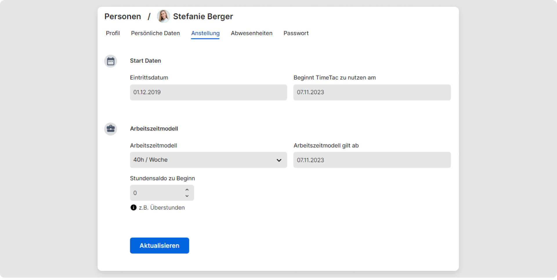 Unter „Anstellung” werden Startdaten und Arbeitszeitmodell zugewiesen