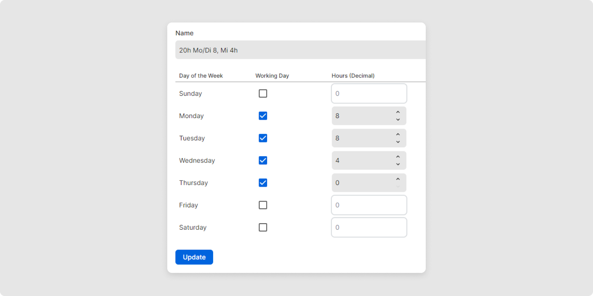 <p>Working day: Specify which days of the week are counted as working days in the<em> Working day </em>column. If a particular weekday is a regular working day, tick the relevant checkbox.</p><p><br></p>