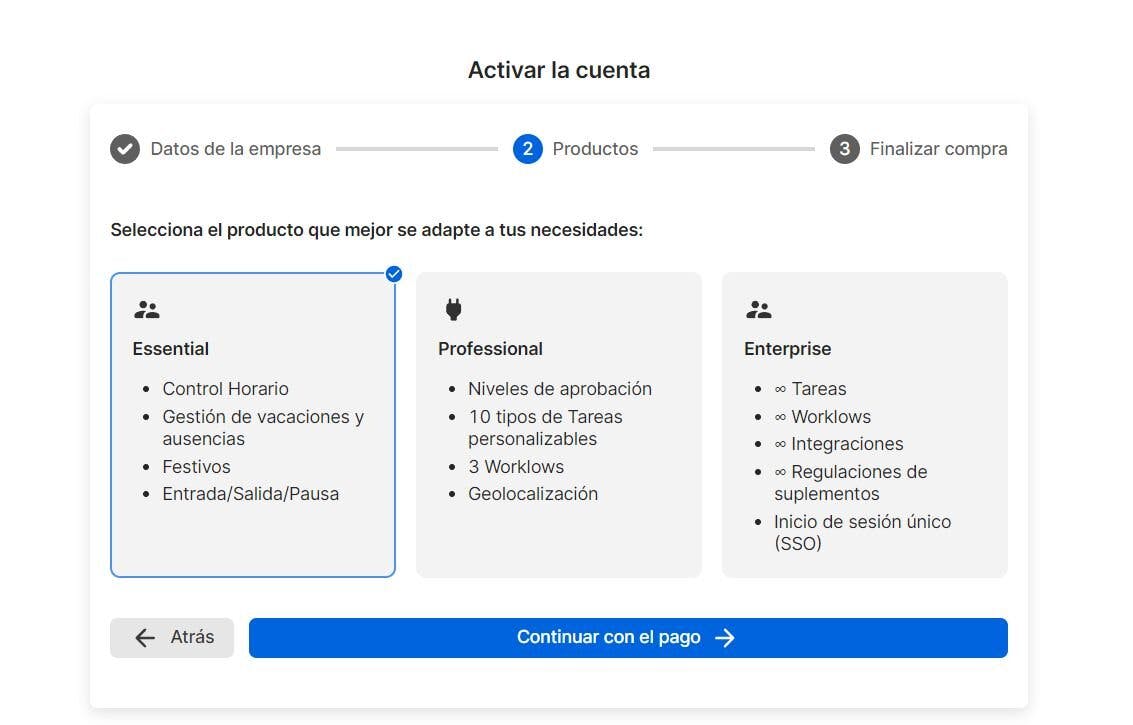 <p>En cuanto hayas introducido todos los datos y hayas pulsado en <em>Continuar</em>, se te abrirá la segunda parte del formulario, en donde podrás seleccionar tu producto.</p>