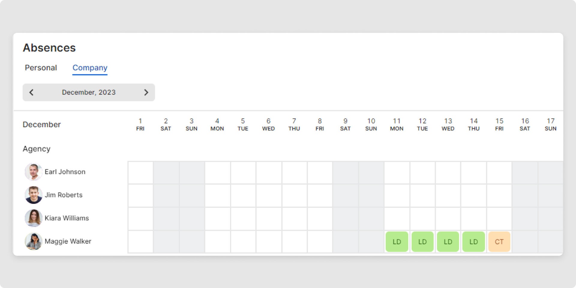 <p>Select <em>Company</em>. Now you see the teams and their absences for the month.</p>