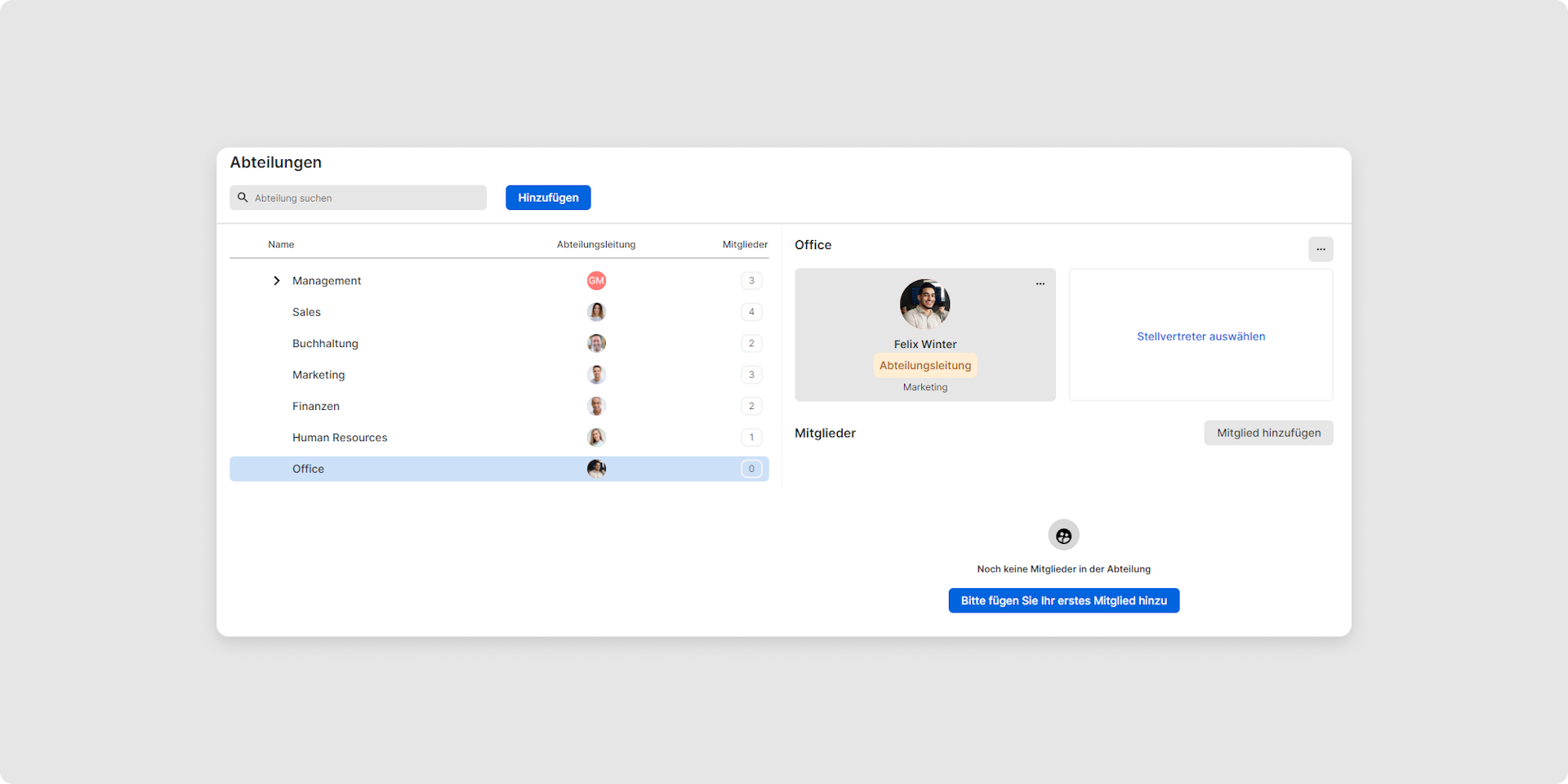 Wählen Sie bei einer neu geschaffenen Abteilung „Bitte fügen Sie Ihr erstes Mitglied hinzu” oder bei einer bereits existierenden Abteilung „Mitglied hinzufügen” aus.