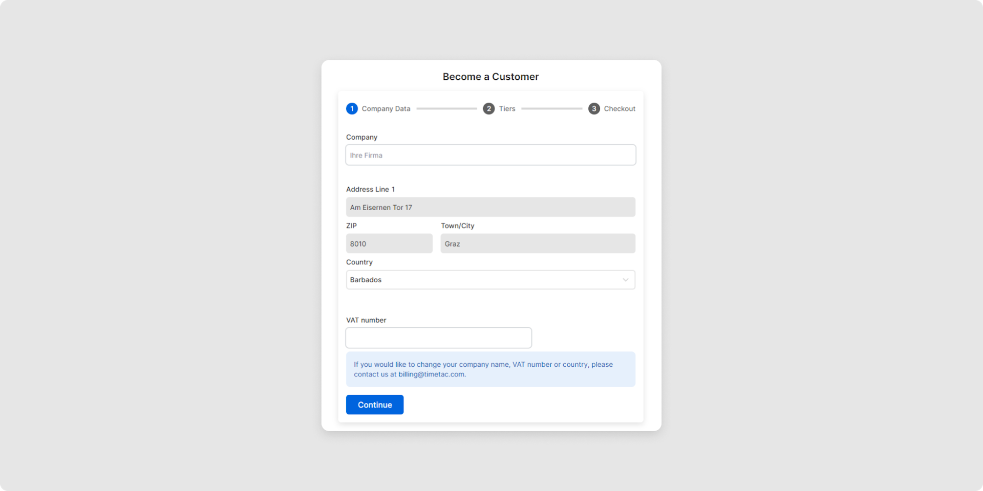 <p>In the form, you need to fill out all relevant data about your company. Please note: enter the company data here as it should appear on the invoice — this applies in particular to the company name.</p><p><br></p>