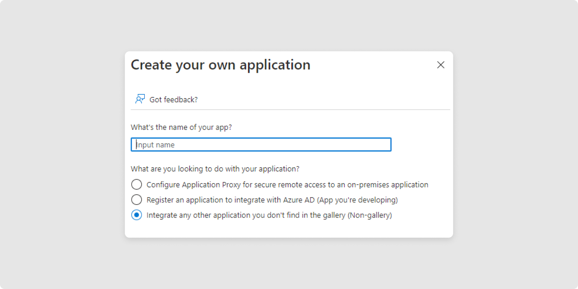 <p>Type in the Name for your new application, and select <em>Integrate any other application you don’t find in the gallery. (Non-gallery) </em>and create it.</p><p><br></p>