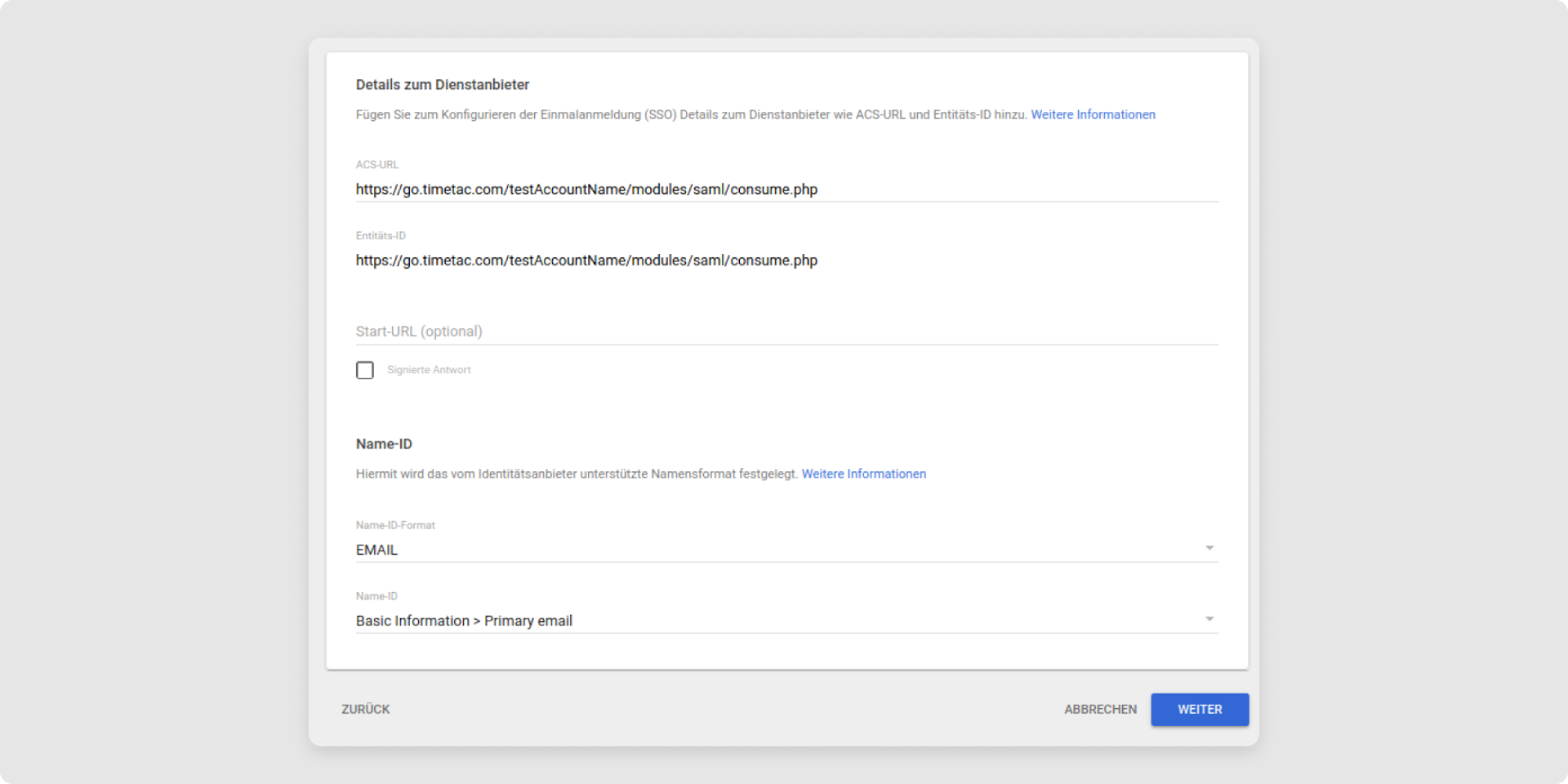 <p>Im Schritt <em>Details zum Dienstanbieter</em> werden TimeTac-Informationen definiert. Die einzufügenden Links bestehen aus dem Anmeldelink für den TimeTac-Account mit der Endung&nbsp;/modules/saml/consume.php:</p><ul><li><strong>ACS URL:</strong> Hier <em>https://go.timetac.com/{testAccountName}/modules/saml/consume.php</em> verwenden. {testAccountName} muss mit dem zugehörigen TimeTac Account Namen ersetzt werden.</li><li><strong>Entitiäts-ID: </strong>Dieses Feld benötigt einen Link der auf das TimeTac-System, das für die SAML Kommunikation zuständig ist, verweist. Hier muss der Link <em>https://go.timetac.com/{testAccountName}/modules/saml/consume.php</em> verwendet werden. {testAccountName} muss mit dem zugehörigen TimeTac-Accountnamen ersetzt werden.</li><li>Das Feld S<em>ignierte Antwort </em>darf nicht gewählt sein.</li><li><strong>Name ID Format:</strong> Hier muss die Option <em>EMAIL</em> gewählt werden</li><li><strong>Name-ID: </strong><em>Basic Information &gt; Primary email </em>wählen</li></ul>