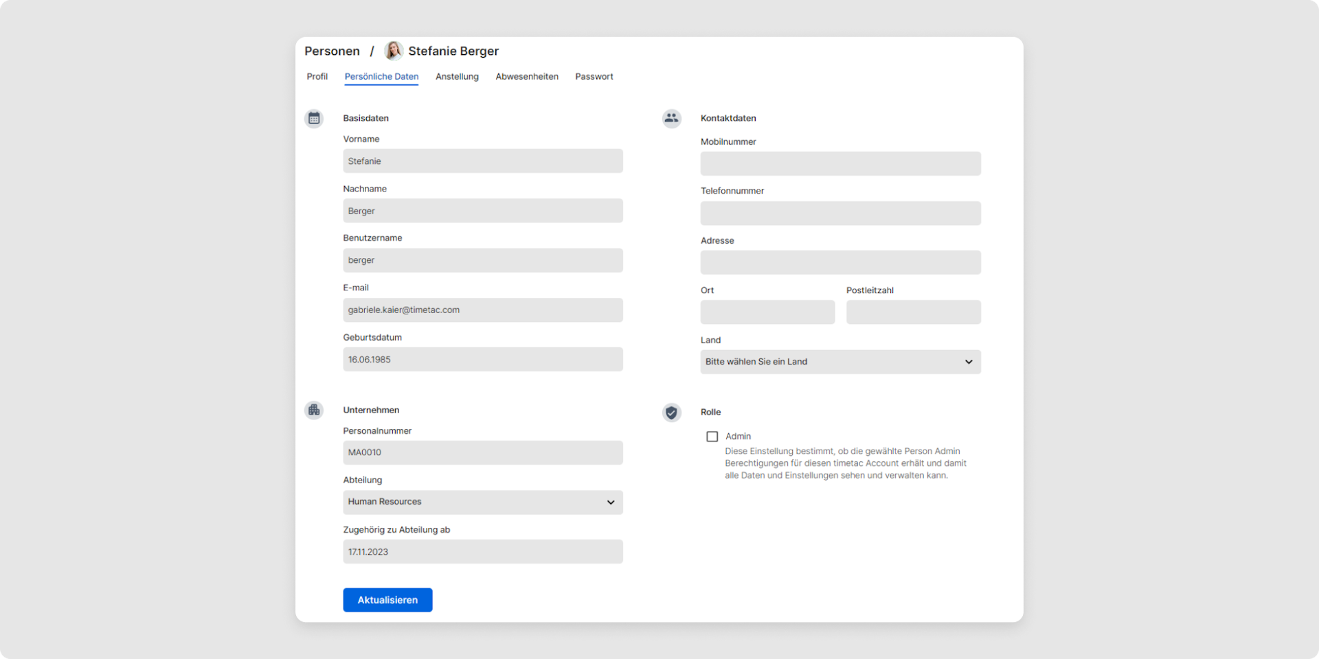 Unter „Persönliche Daten” werden Basisdaten, Kontaktdaten, Unternehmen und Rolle konfiguriert