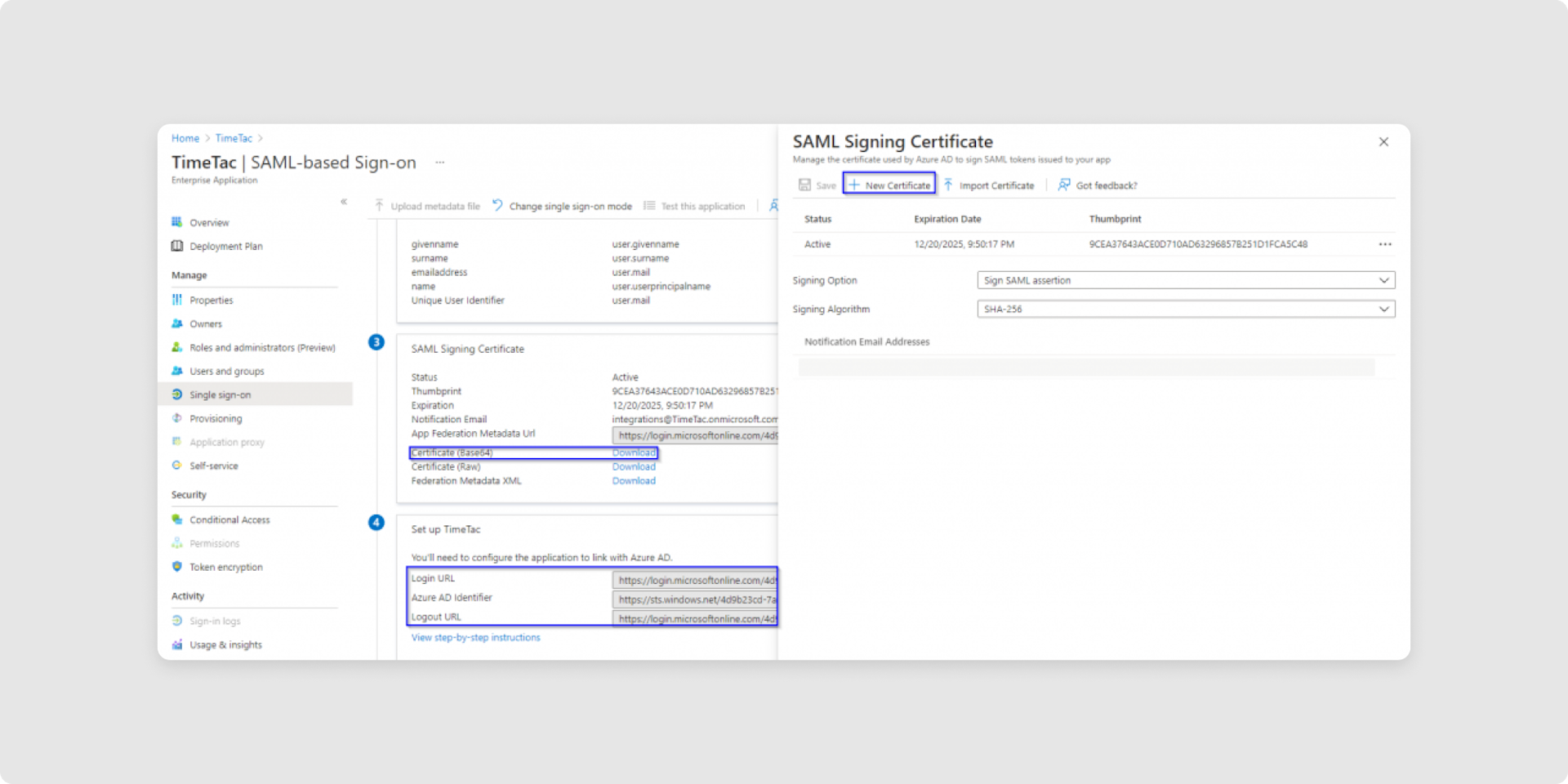 <p>In sections<em> SAML Signing Certificat</em>e and<em> Set up ‘Your Application Name‘ </em>you will find information needed to configure SSO in your TimeTac account:</p><ul><li><strong>Signing Certificate (x.509 certificate): </strong>Download by selecting Certificate (Base64). If there isn’t a certificate, you can generate one by clicking on the pencil symbol. A new page for certificate creation will open; click Save. Check the certificate's status; if it is not active, please activate the new certificate by clicking on the three dots and using the <em>Make new certificate active</em> option. Afterwards, download the certificate in Base64 form.</li><li><strong>Entity ID:</strong> you find it in the section Set up ‘Your Application Name‘ with Entra ID Identifier.</li><li><strong>Login URL:</strong> Can be found in the section <em>Set up ‘Your Application Name‘.</em></li><li><strong>Logout URL:</strong> Can be found in the section <em>Set up ‘Your Application Name‘.</em></li></ul>