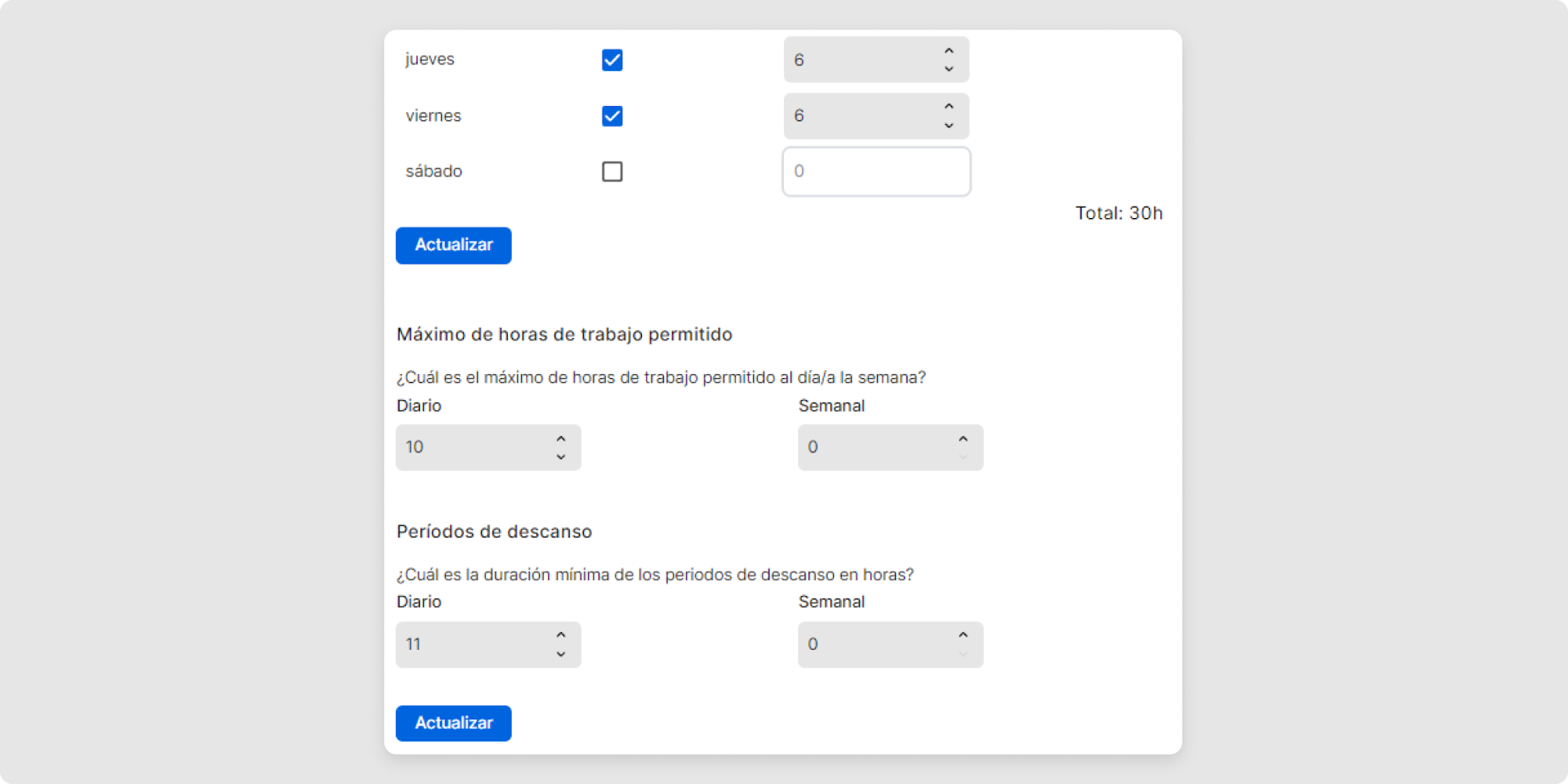 Máximo de horas de trabajo permitidas: Aquí puedes especificar el número máximo de horas de trabajo diario o semanal permitido. Si los usuarios superan este límite, aparecerá un aviso en el informe de horas