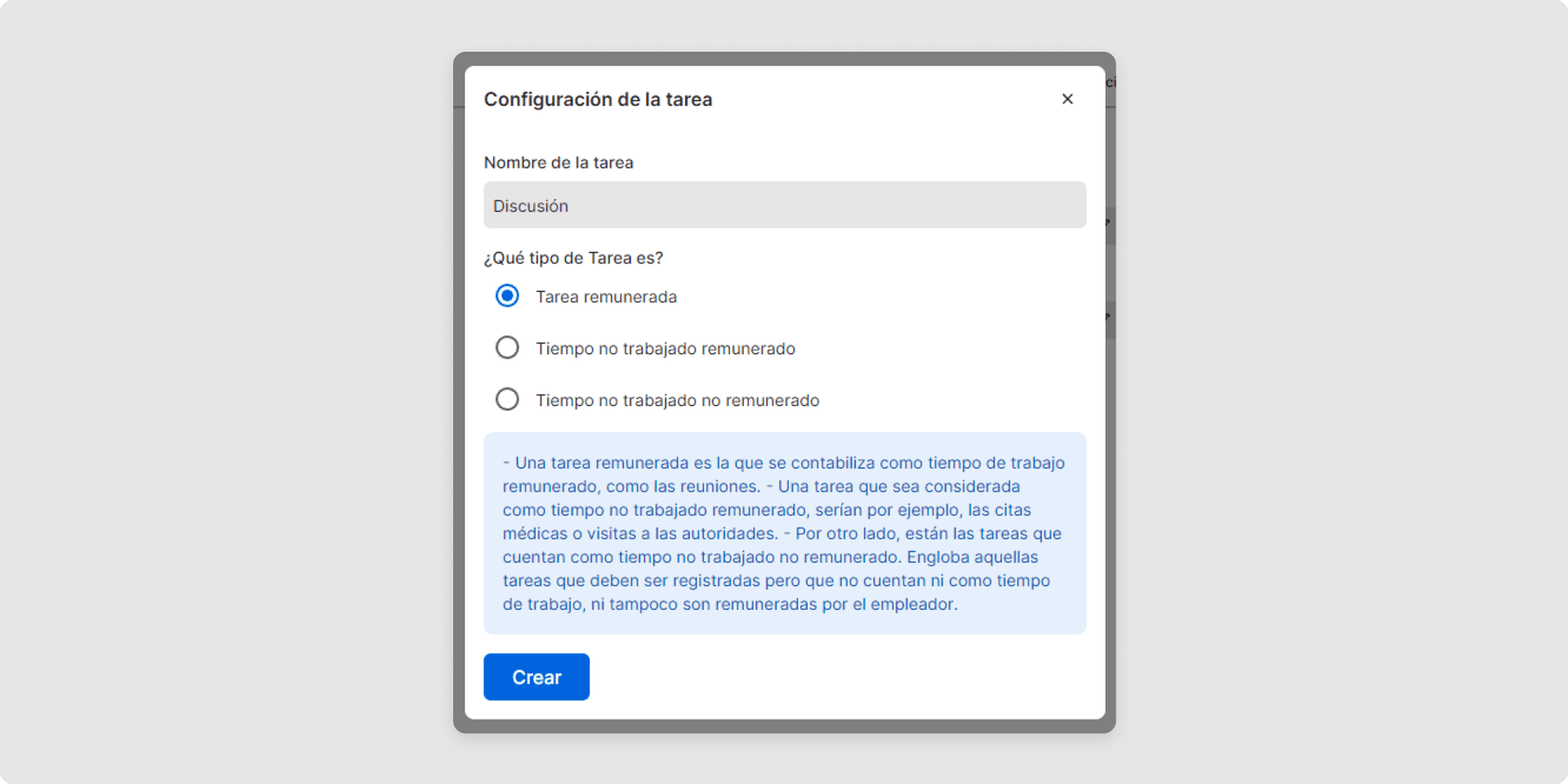 Para crear una nueva tarea, haz clic en "Añadir tarea". Dale un nombre a la nueva tarea y define si el tiempo debe fluir o no hacia el saldo de horas cuando se registra horas en esta tarea. Están disponibles las siguientes opciones: "Tarea remunerada" o "Tiempo no trabajado remunerado" "Tiempo no trabajado no remunerado"