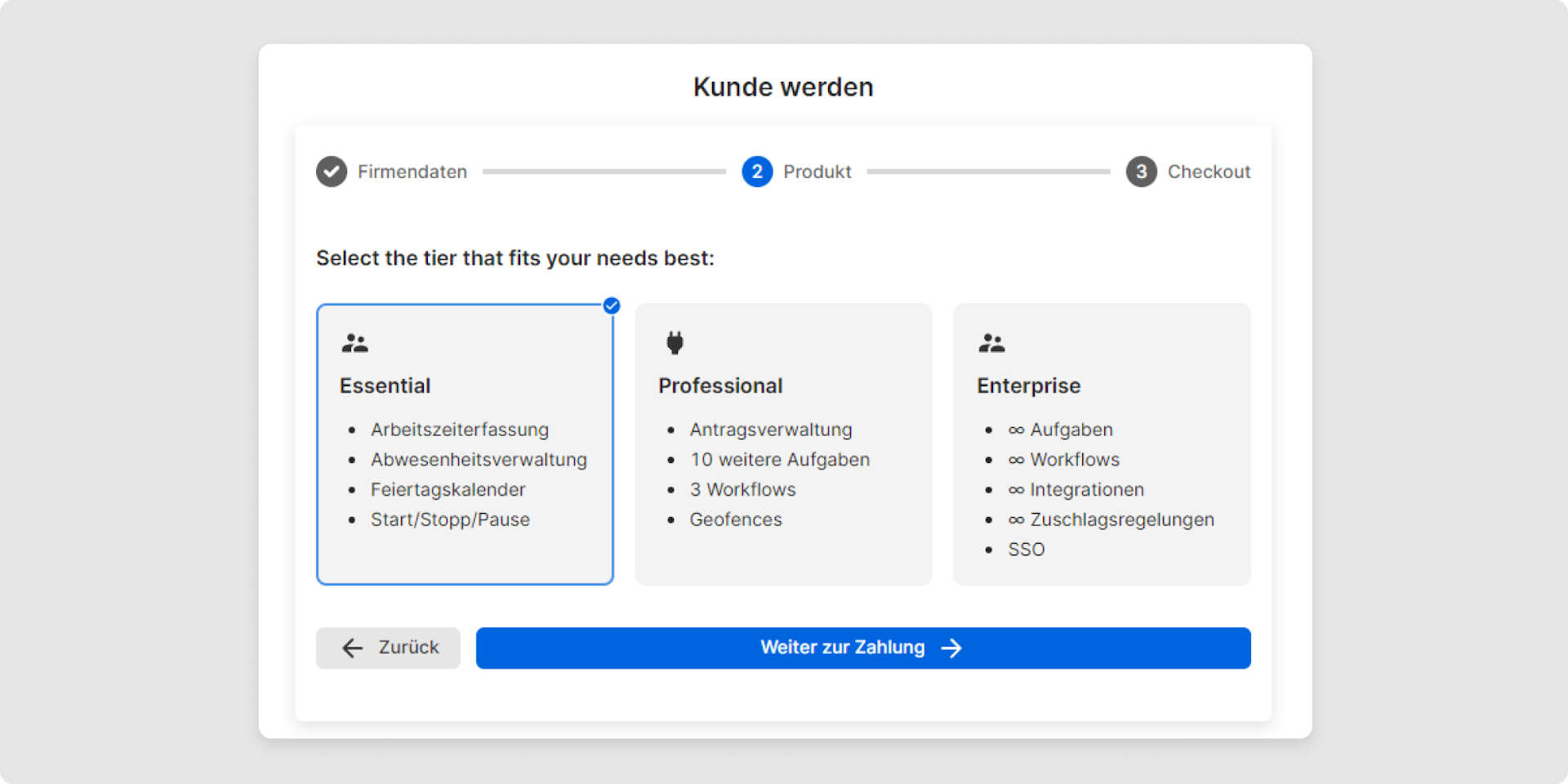 <p>Sobald Sie alle Daten eingetragen und auf <em>Weiter </em>geklickt haben, erscheint der zweite Teil des Formulars, in dem Sie Ihr Produkt auswählen können.</p>