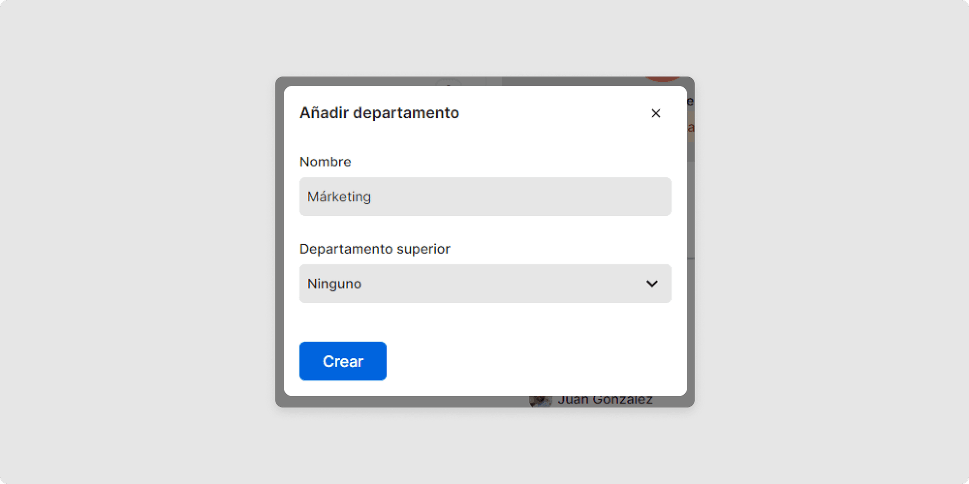 Utiliza el campo "Departamento superior" para especificar si el departamento que estás creando, es un subdepartamento de otro departamento.