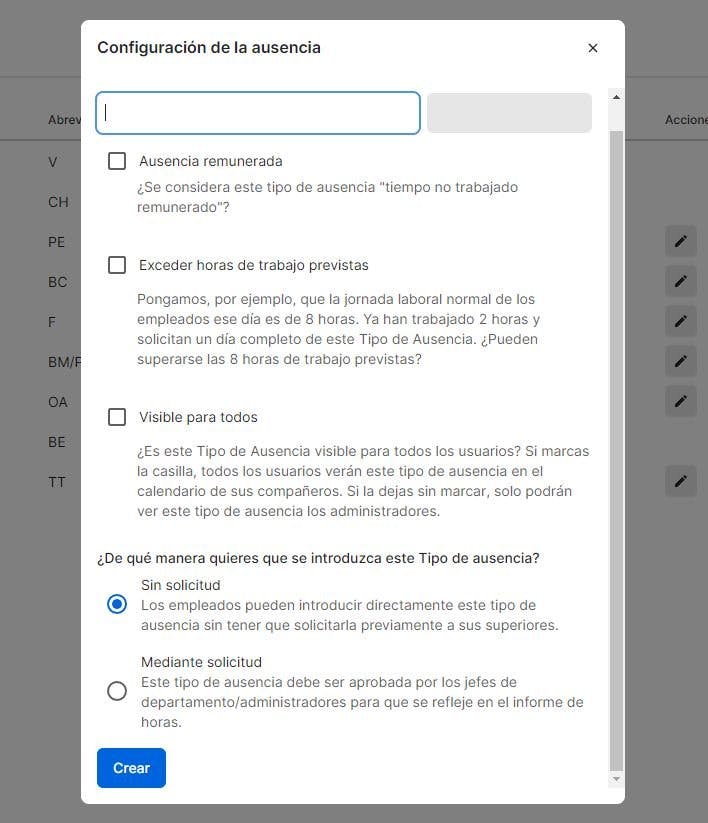 Crea el nuevo tipo de ausencia haciendo clic en "Crear"
