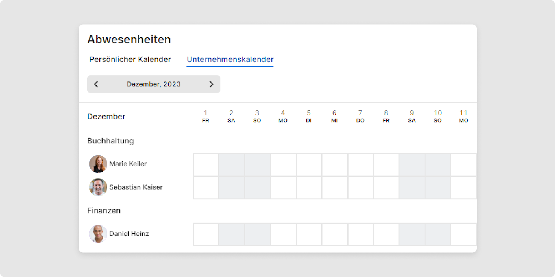 Klicken Sie anschließend auf “Unternehmenskalender”. Dort werden Ihnen alle Abteilungen in einer Monatsansicht aufgelistet