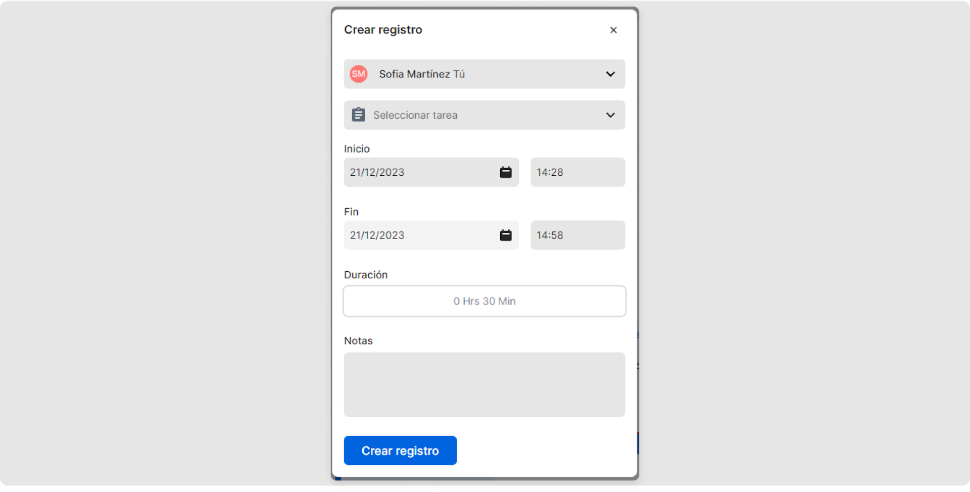 A continuación, se te abrirá una ventana en donde podrás introducir toda la información necesaria para crear un registro horario nuevo