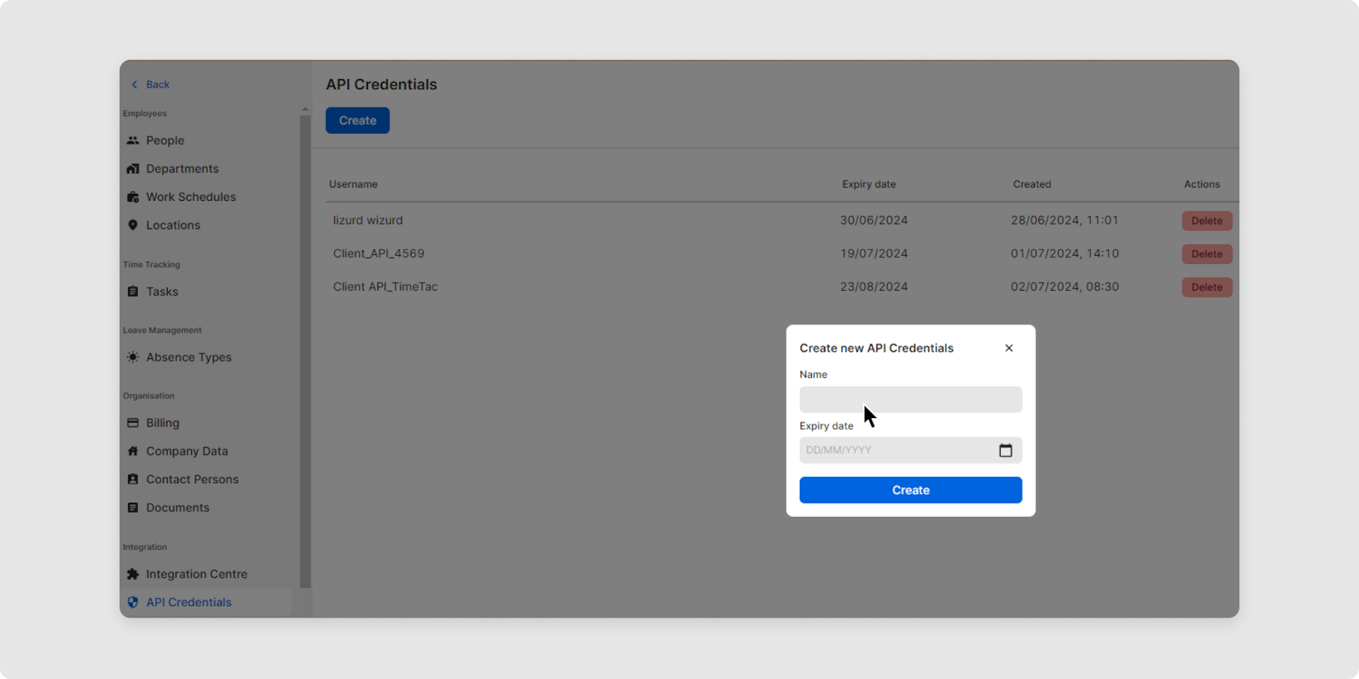 <p>Choose a name for the set of credentials (to distinguish between them when more than one set of credentials is created for different integrations, e.g.) and an expiry date.</p>