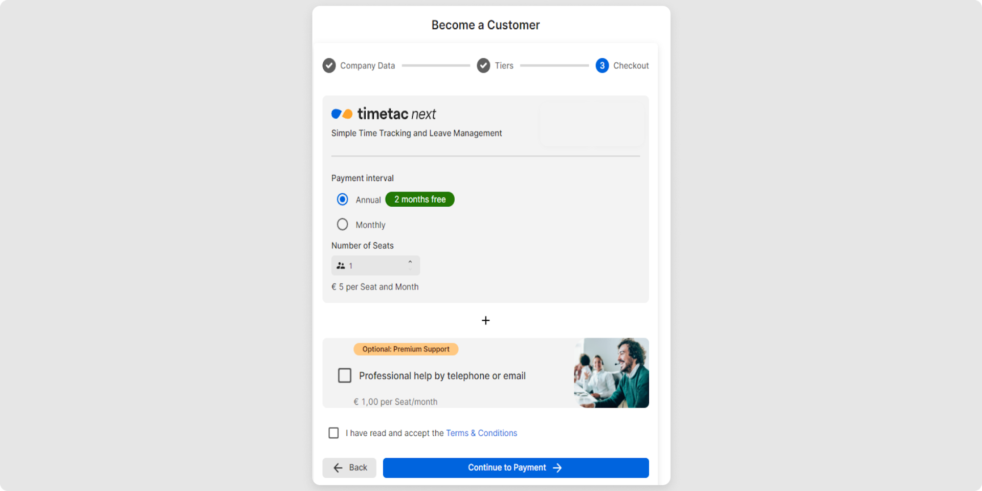 <p>As soon as you have entered all the data and clicked <em>Continue</em>, the second part of the form will appear where you can select your billing method.</p><p><br></p>