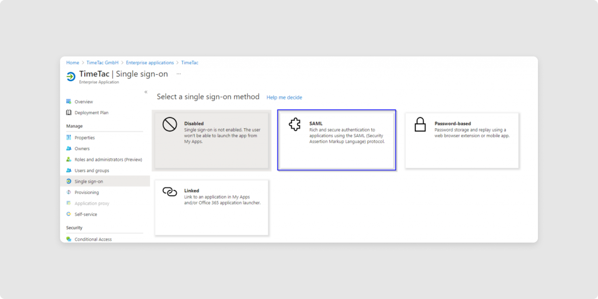 <p>Select <em>Single Sign-on method as SAML.</em></p>