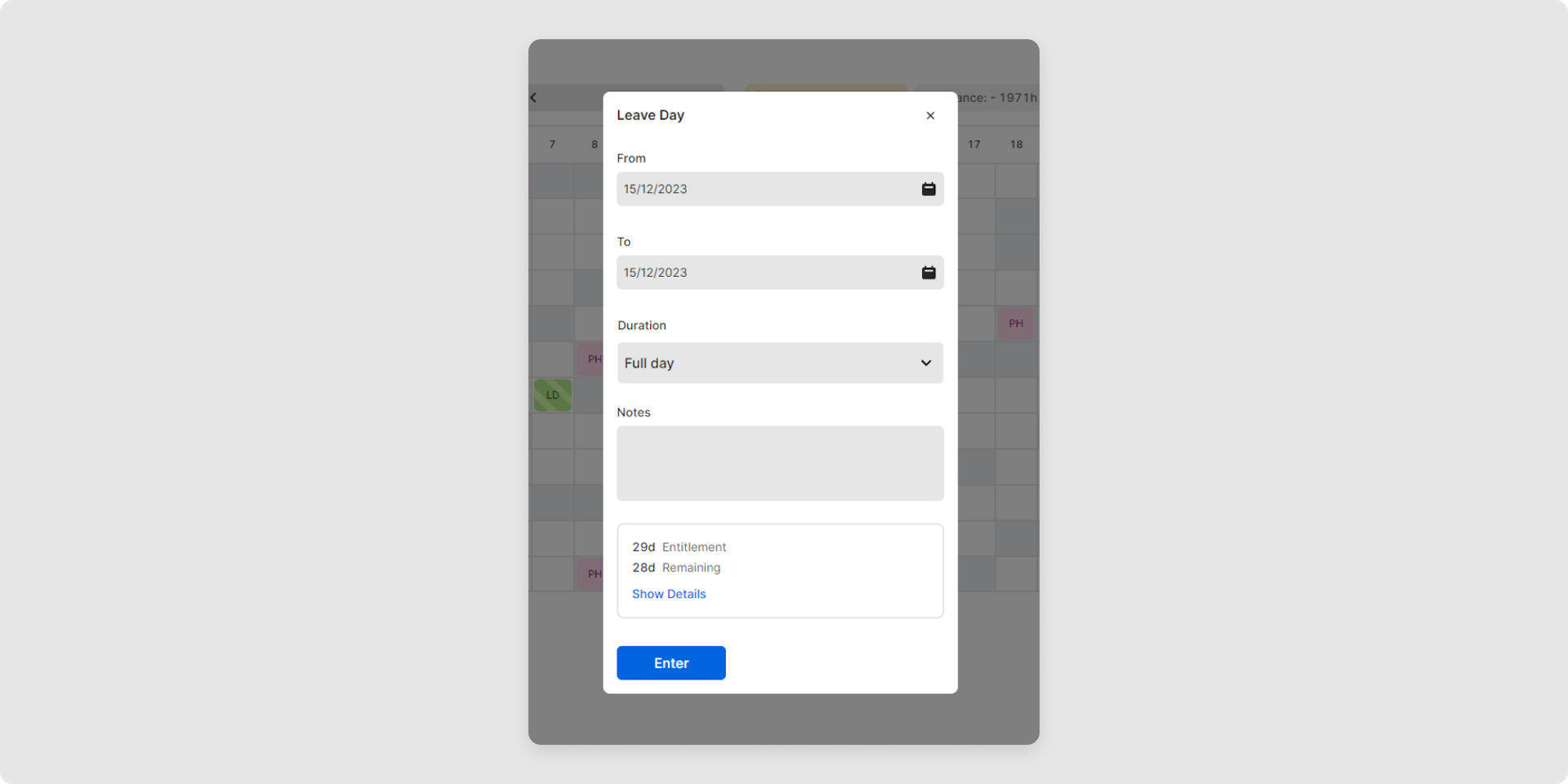 <p>In the <em>Leave day </em>window, you can now specify both the start date and the end date of the absence.</p><p><br></p>