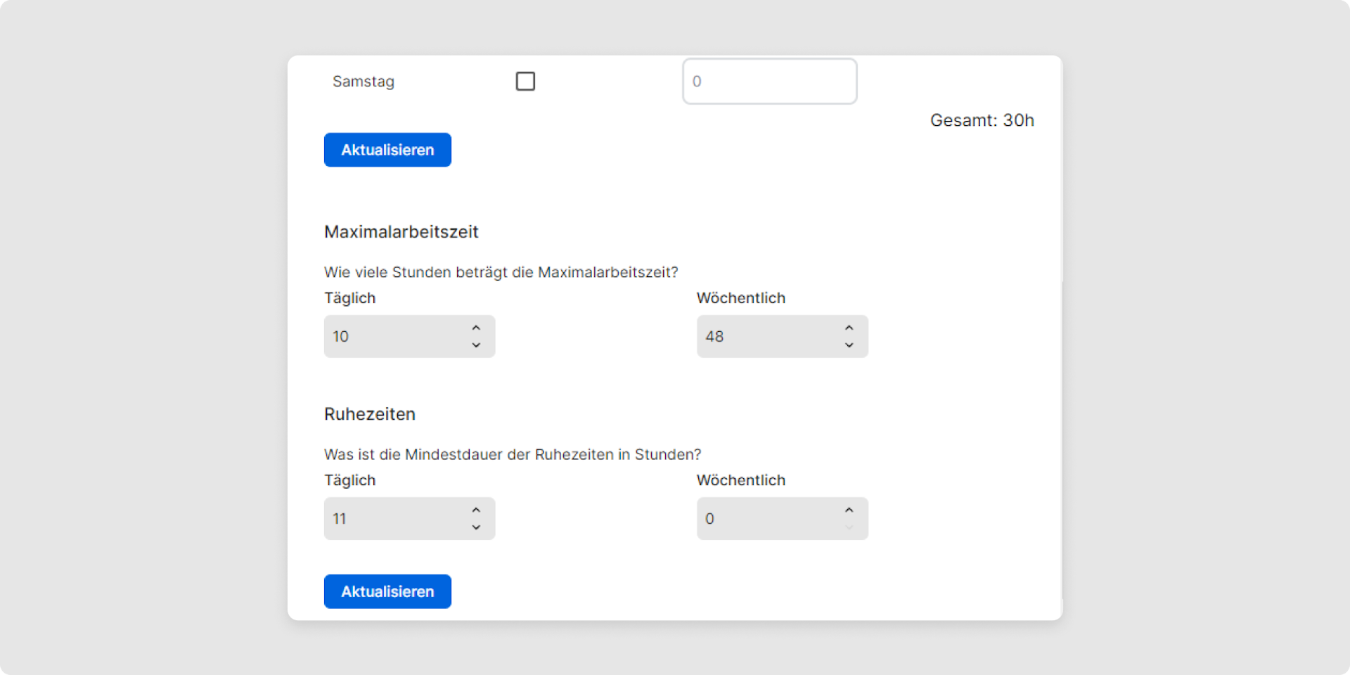 Maximalarbeitszeit: Hier können Sie festlegen, wie viele Stunden die maximal erlaubte Tages- oder Wochenarbeitszeit beträgt. Wird dieser Grenzwert von Usern überschritten, dann erscheint eine Warnung in der Stundenabrechnung. 