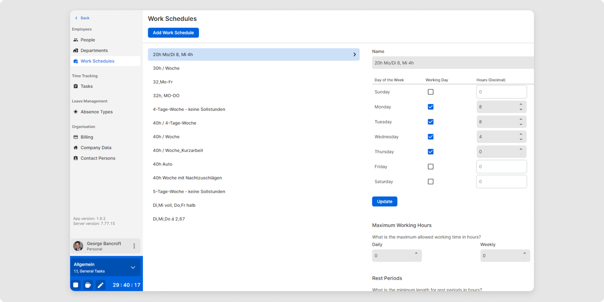 <p>To configure the new working time model, click on it. The name of the model will be highlighted in blue; on the right-hand side you will see the detailed settings for the selected model.</p><p><br></p><p><br></p>