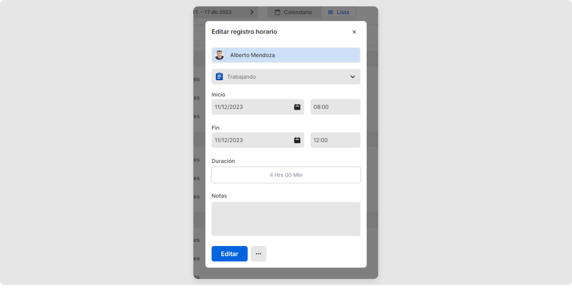 Selecciona el registro horario que quieres editar, haciendo clic sobre este. Se abrirá una pestaña con información sobre el registro horario.