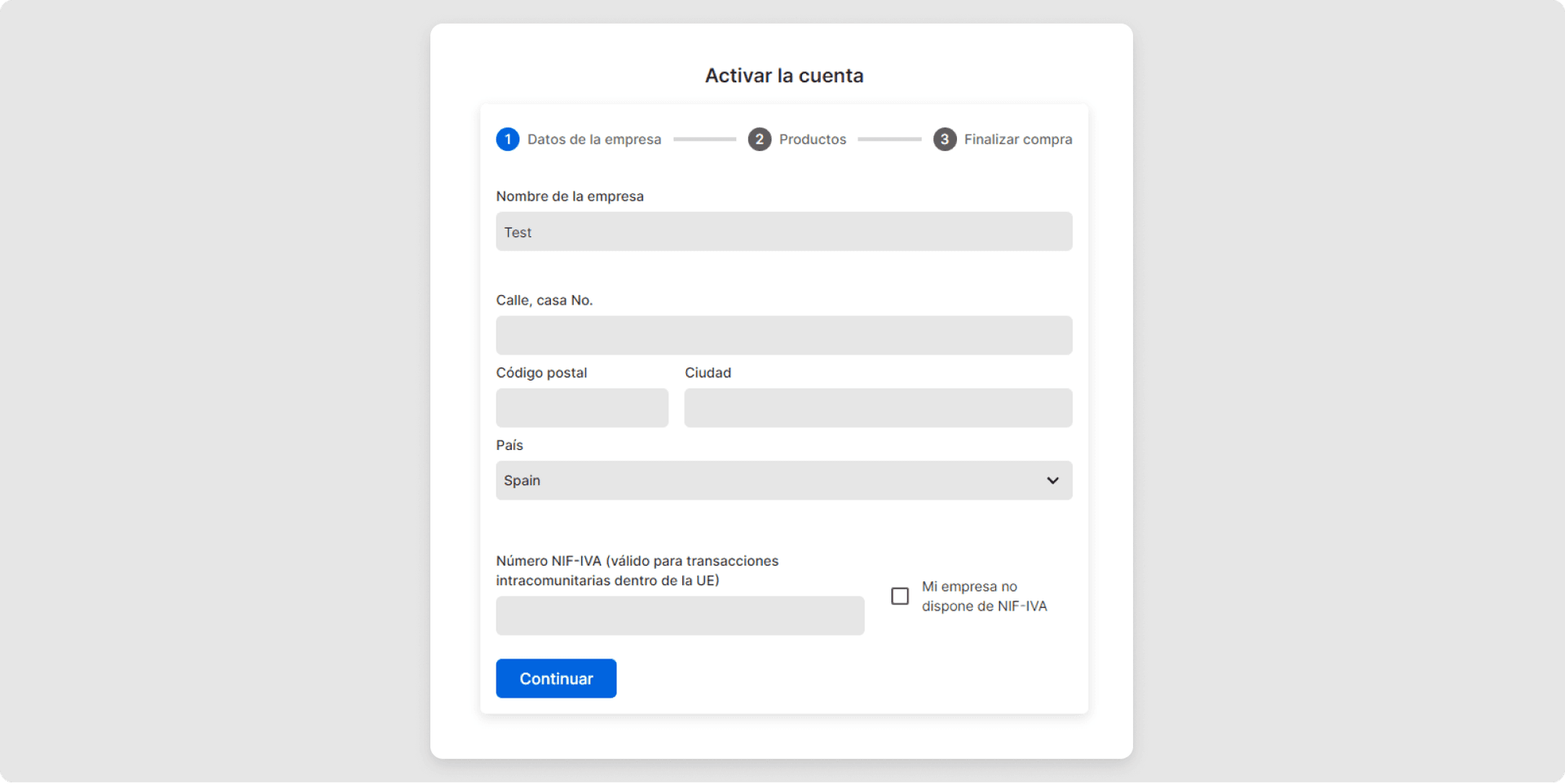 Luego, aparecerá un formulario en el cual puedes introducir todos los datos relevantes de tu empresa. Advertencia: Por favor, ingresa los datos de la empresa tal y como deberían aparecer en las facturas, en especial el nombre de la empresa debe ser el correcto.