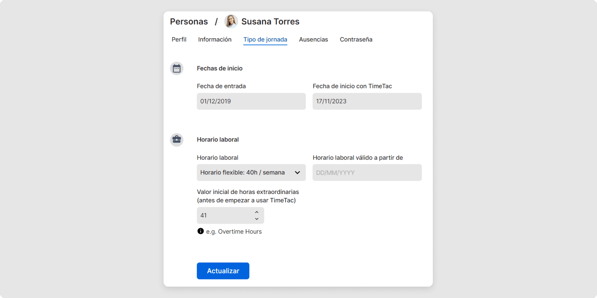 <p>En el apartado "Tipo de jornada" encontrarás las fechas de inicio y el modelo de horario laboral asignado.</p>