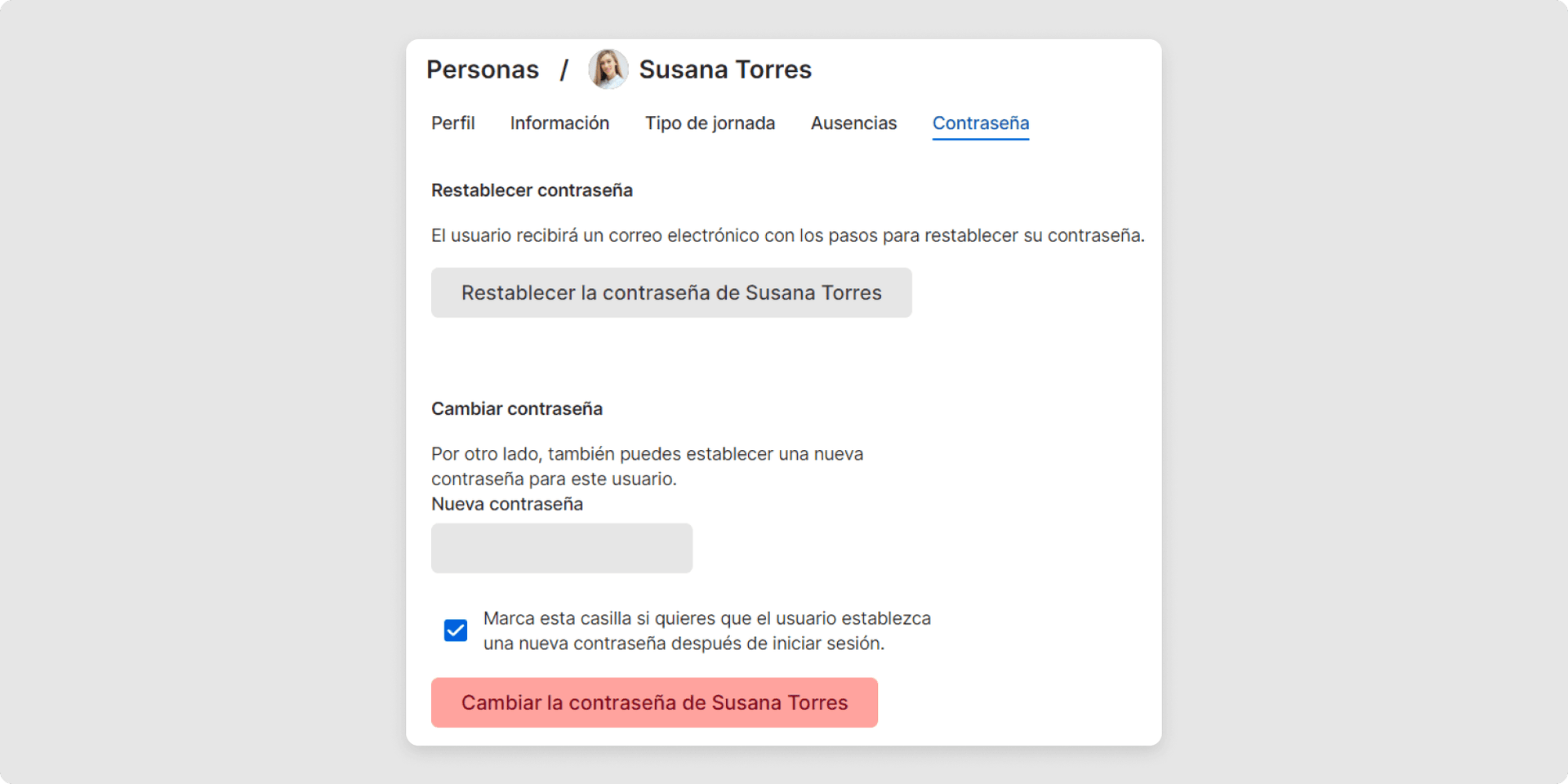 <p>En la sección "Contraseña", podrás modificarla o restablecerla.</p>