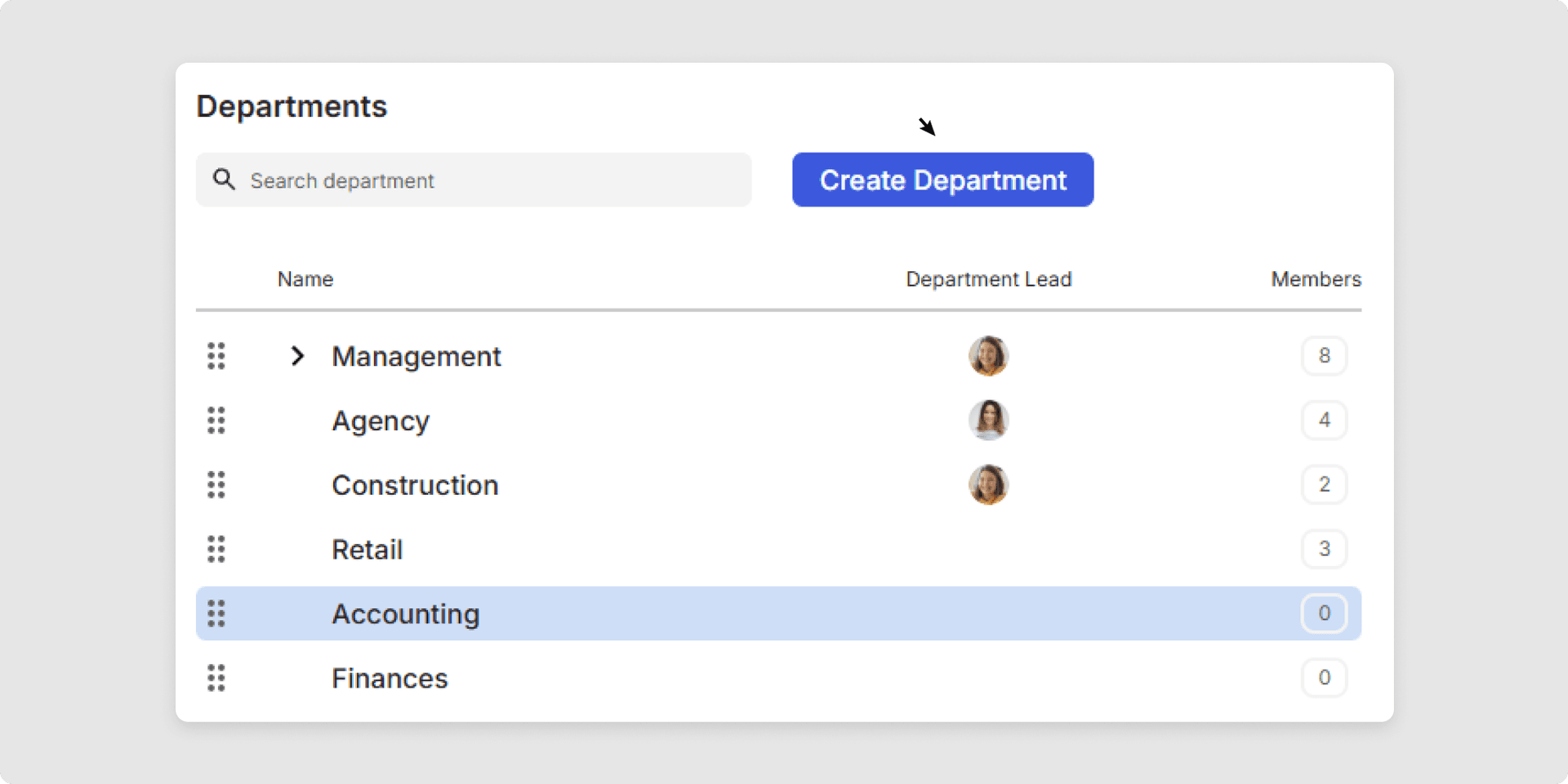 <p>Click the <em>Create Department</em> button.</p>