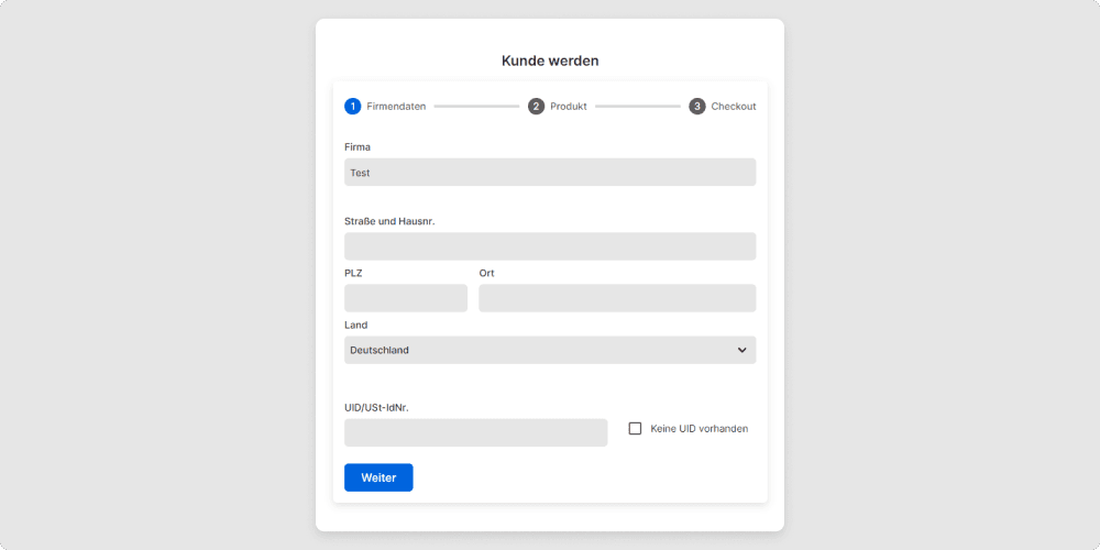 Danach erscheint ein Formular, in welchem Sie im ersten Schritt alle relevanten Daten zu Ihrem Unternehmen eingeben können. Achtung: Bitte geben Sie hier die Unternehmensdaten so ein, wie sie auch auf der Rechnung ersichtlich sein sollen – das betrifft vor allem den Firmenwortlaut.
