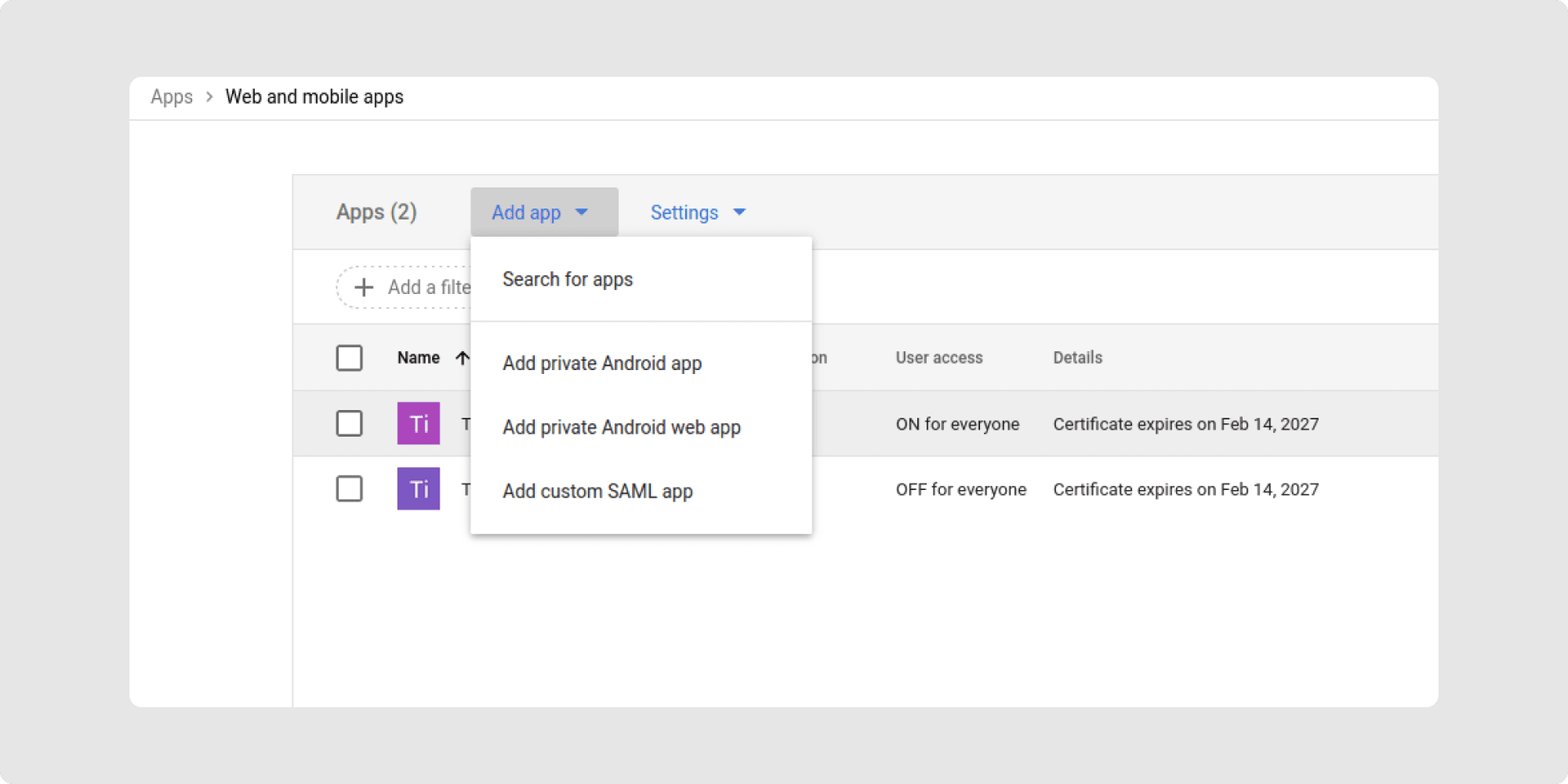 <p>Click on <em>add App </em>and choose <em>add custom SAML-App.</em></p><p><br></p>