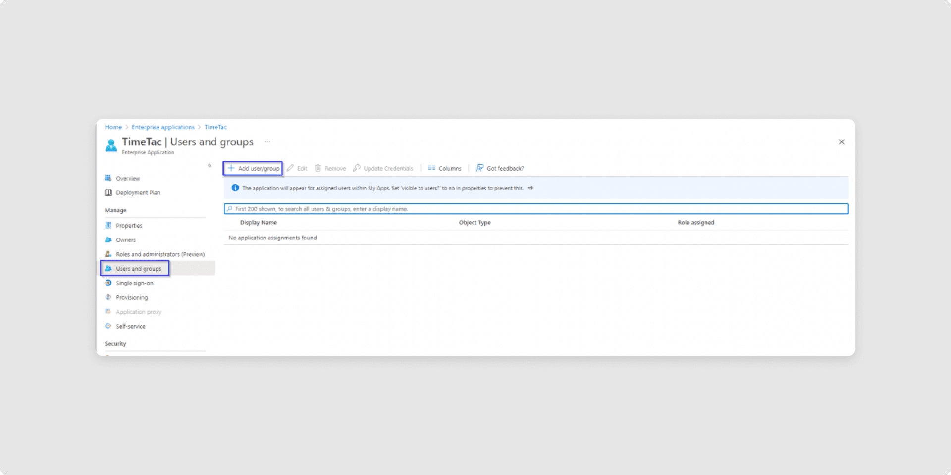 <p>To make SSO work for a user, the user has been granted access to the SSO application in Entra ID, by assigning the user or a group to the application.</p><ul><li>Select the option <em>Users and groups</em><strong> </strong>from the left menu</li><li>Click on <em>Add user/group</em></li><li>In the new window, <em>Add Assignment, </em>select the user or group you want to assign to the application.</li><li>When finished, click <em>Select</em> and then <em>Assign</em>.</li></ul>