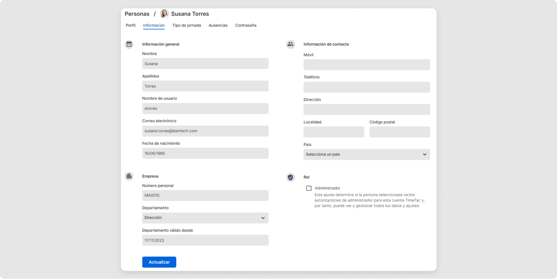 <p>Los datos básicos, de contacto, de empresa y el rol que desempeña el usuario, se configuran en "Datos personales".</p>