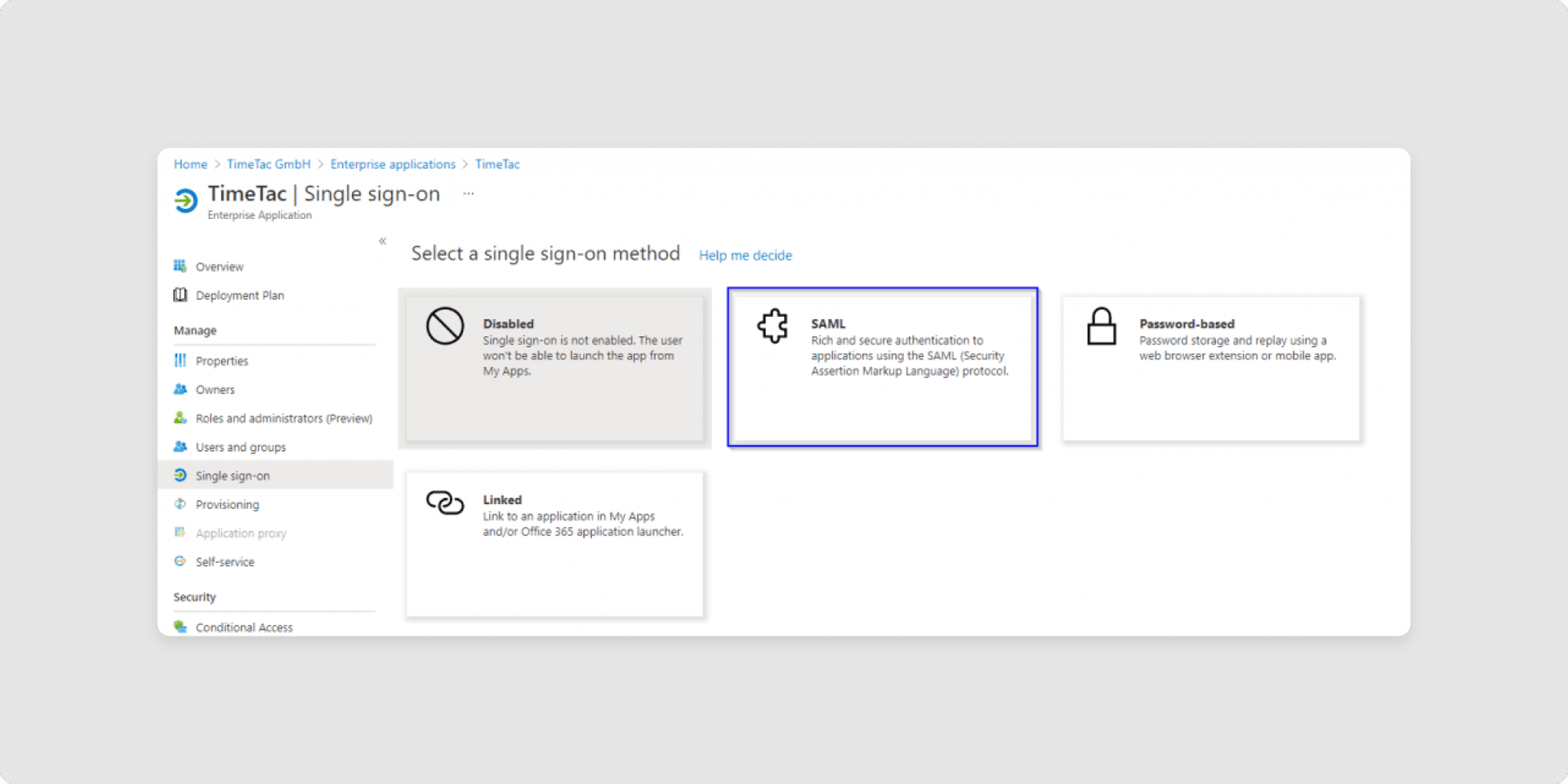 <p>Select <em>Single Sign-on method as SAML.</em></p>